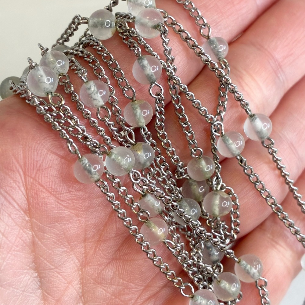 Vintage Coro Necklace Long Silver Tone Curb Chain Frosted Glass Bead Station 60"